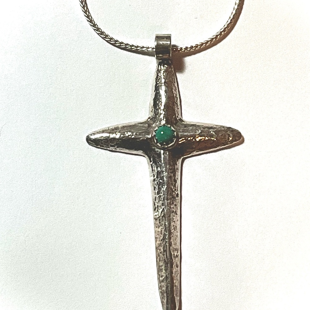 Native American Sand Cast Sterling Silver Cross Necklace with Turquoise Accent